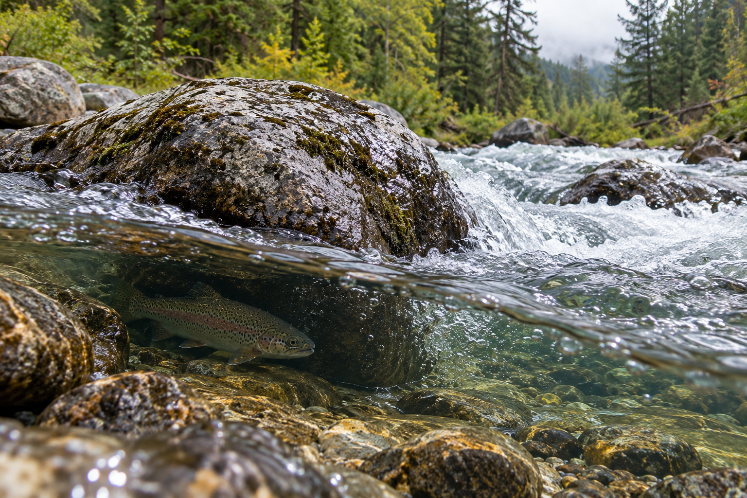 Trout holding in slower water behind a large river rock