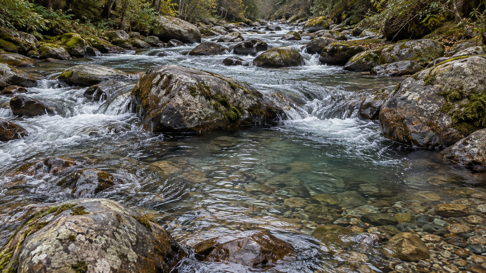 Pocket water formed among rocks in a trout stream