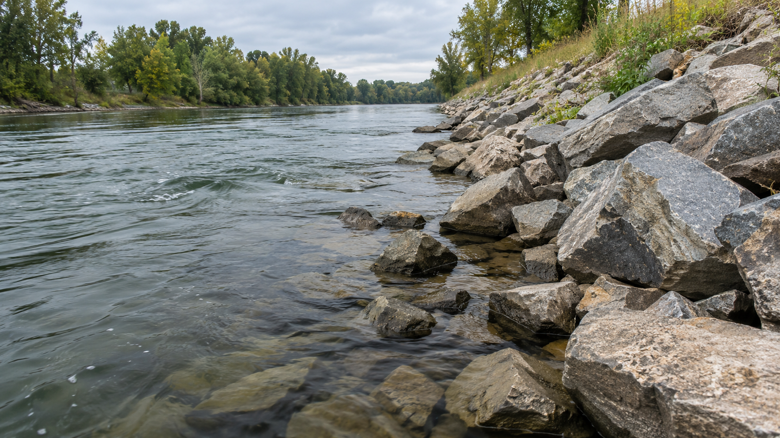Riprap rocks along a bank creating fish holding structure