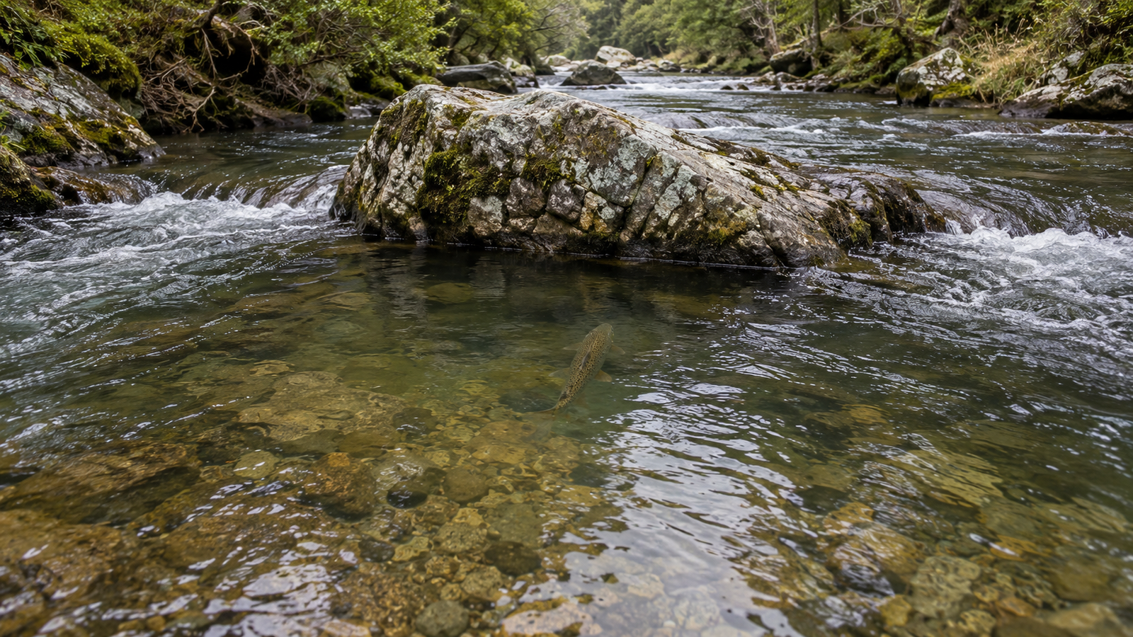 Trout holding behind structure in slower current
