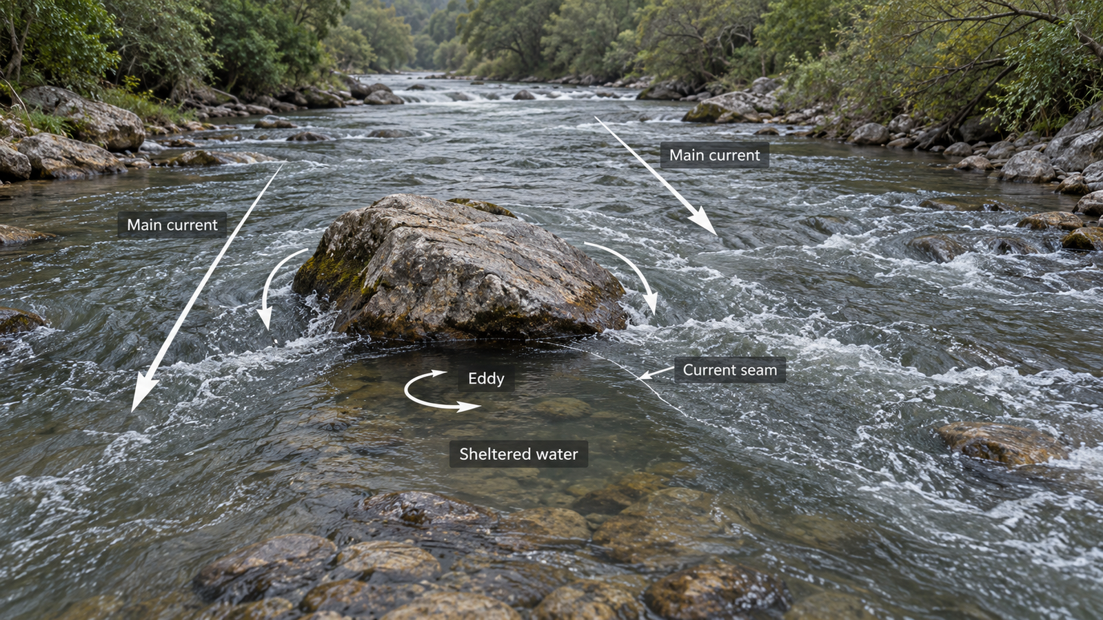 River current moving around rocks