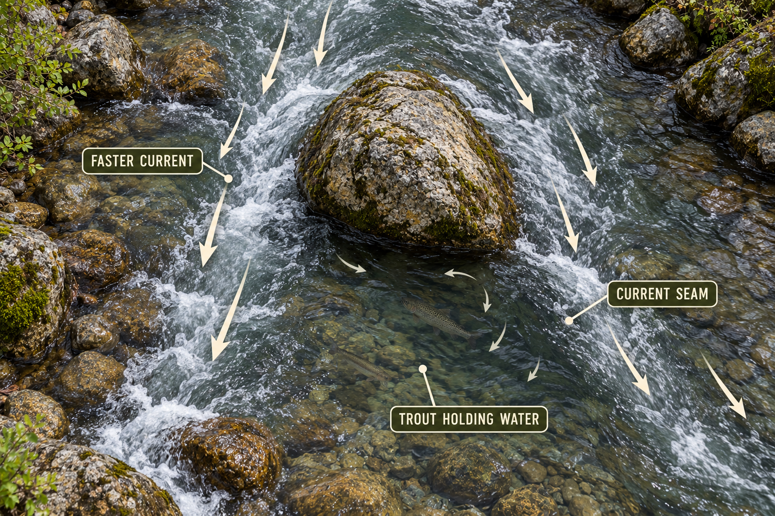 Educational fly fishing illustration showing how to read river current and identify productive water