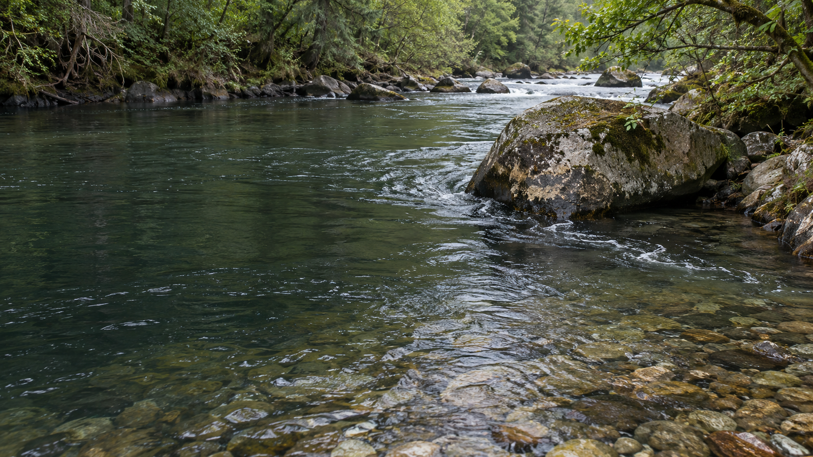 Mountain trout river showing different types of productive water