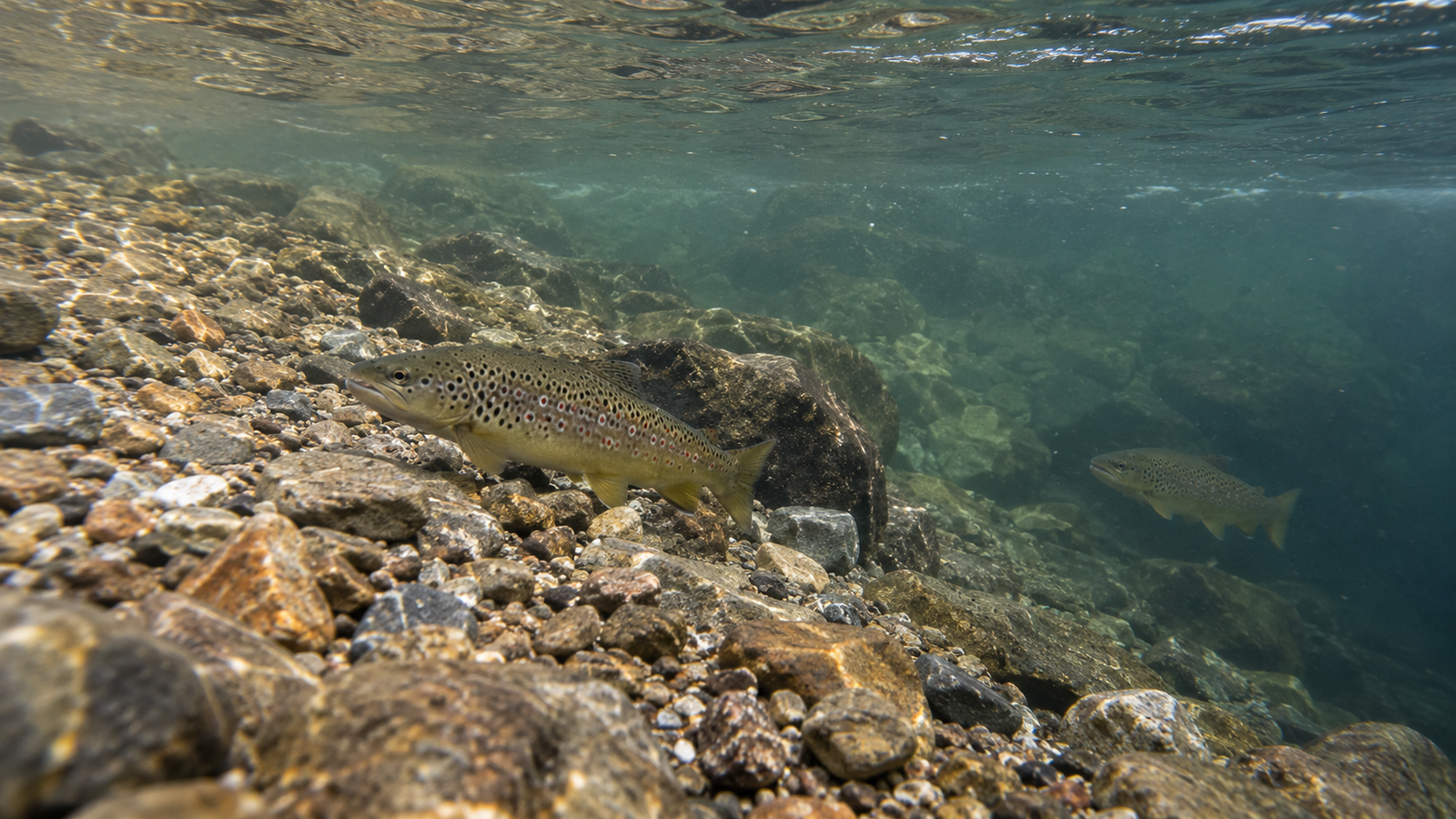 Trout holding at depth over a rocky streambed